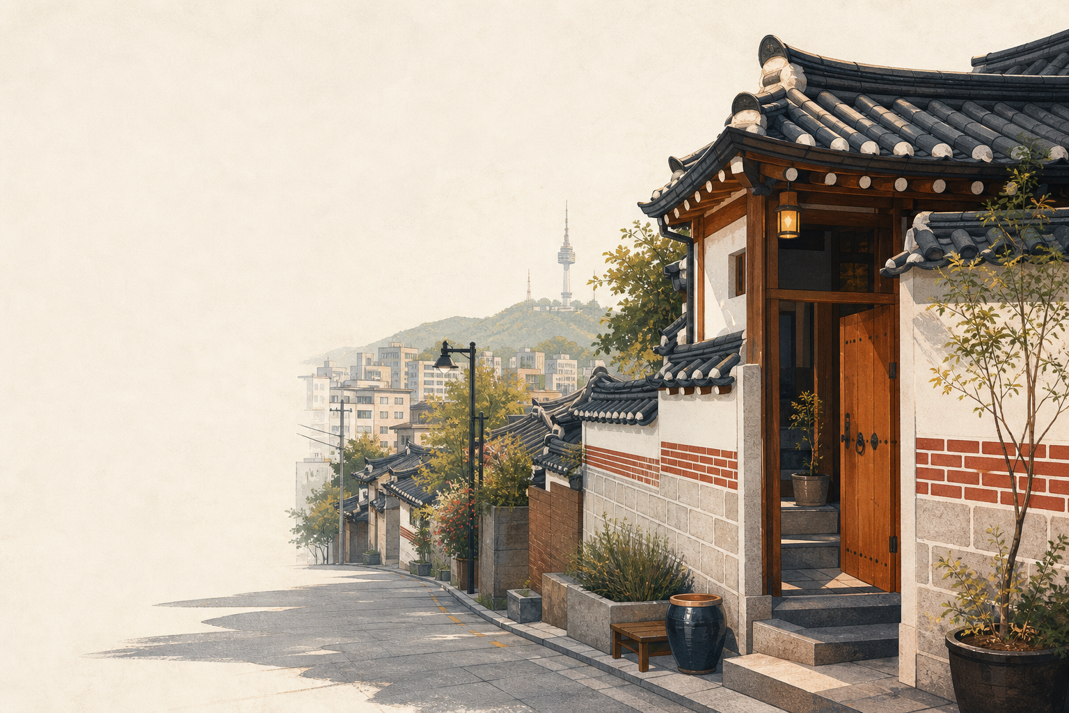 Editorial illustration of a traditional Seoul doorway and neighborhood street