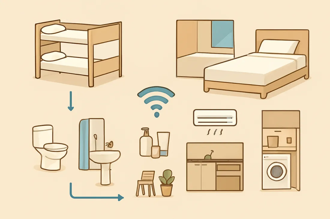 Seoul guesthouse room types and amenities: diagram of key elements