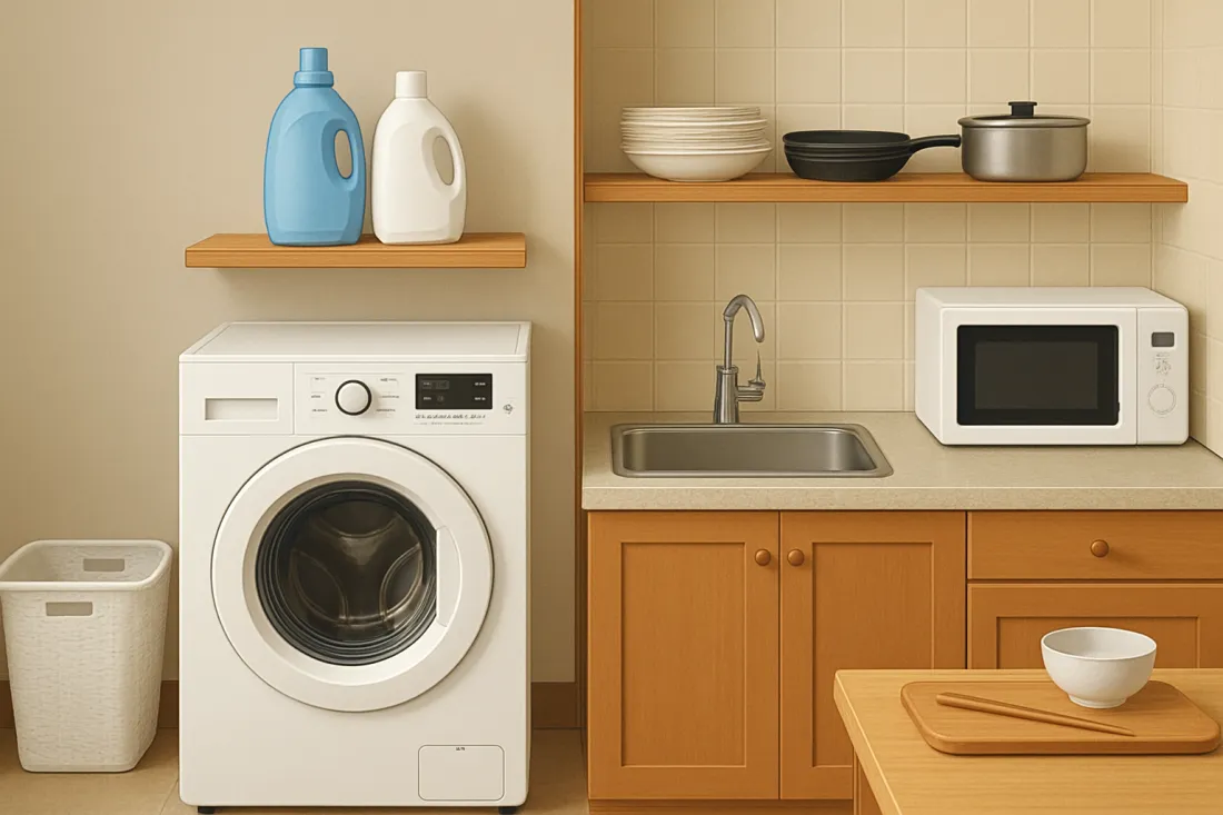 Laundry and kitchen facilities in korean guesthouses: visual comparison of options